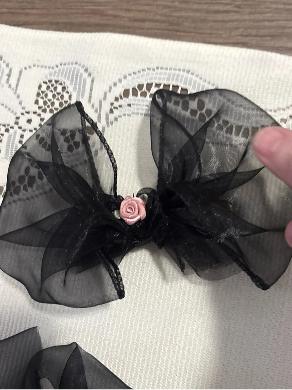 Kids Hair Bow Set - Black Organza Bows with Pink Rose Print Accents